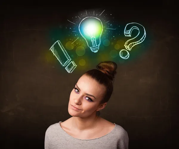 Young preety teenager with hand drawn light bulb illustration — Stock Photo, Image