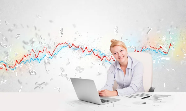 Business woman sitting at table with stock market graph — Stock Photo, Image