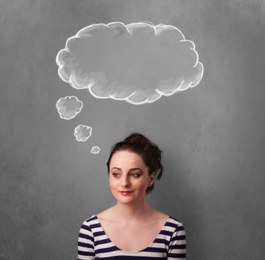 düşünceli kadın başının üstünde bulut ile