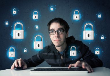 sanal kilit simgeleri ve simge ile genç hacker