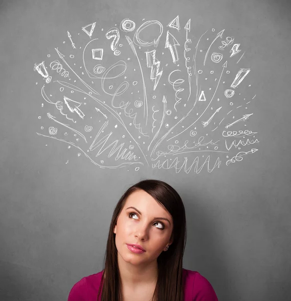 Young woman thinking with sketched arrows above her head — Stock Photo, Image