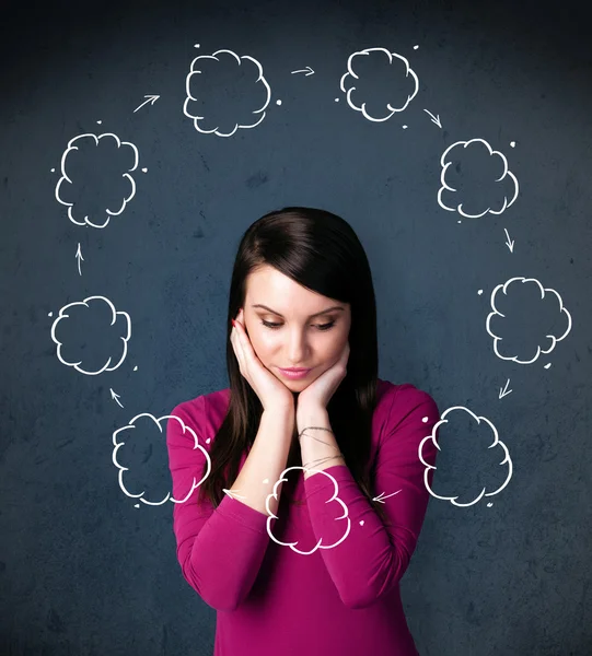 Young woman thinking with cloud circulation around her head — Stock Photo, Image