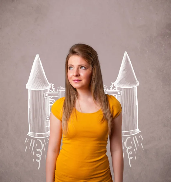 可爱的女孩与 jet pack 火箭绘制的插图 — 图库照片