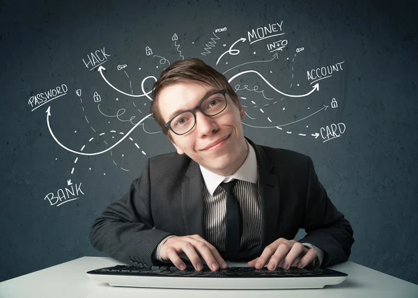 Young hacker with white drawn line thoughts — Stock Photo, Image