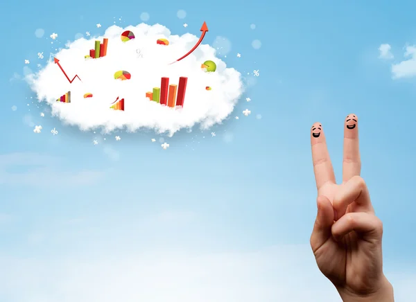 Vrolijke vinger smiley met grafiek wolk pictogrammen in de lucht — Stockfoto