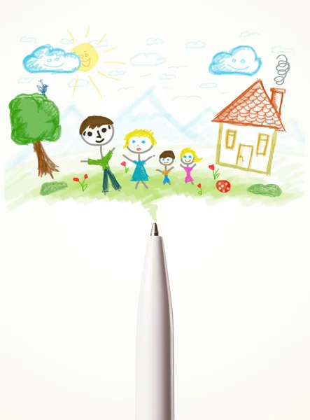 Pen close-up met een tekening van een familie — Stockfoto
