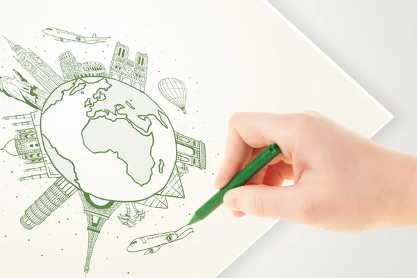 Hand drawing vacation trip around the earth with landmarks and c — Stock Photo, Image