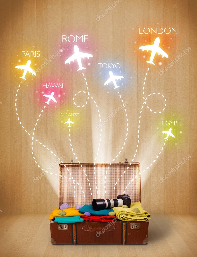 Travel bag with clothes and colorful planes flying out