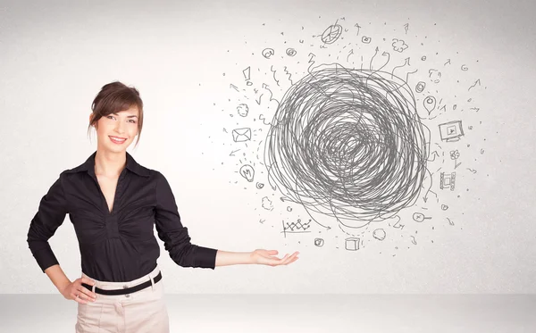 Young business woman with media doodle scribble — Stock Photo, Image