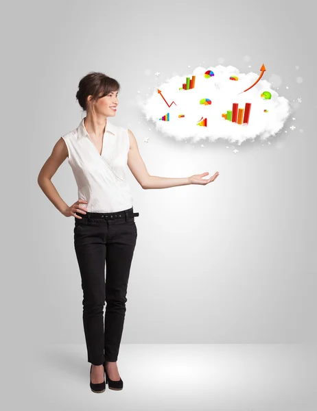 Young woman presenting cloud with graphs and charts — Stock Photo, Image