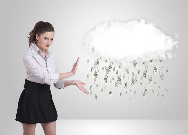 Žena s cloudem a peníze déšť koncept — Stock fotografie