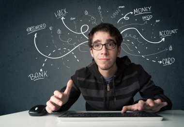 Beyaz çizgili düşünceleri olan genç bir hacker.