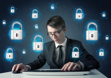 sanal kilit simgeleri ve simge ile genç hacker