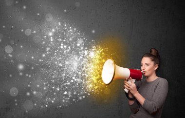 Woman shouting into megaphone and glowing energy particles explo clipart