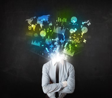 grafik ve grafikler onun bo patlayan takım elbiseli bir adam iş