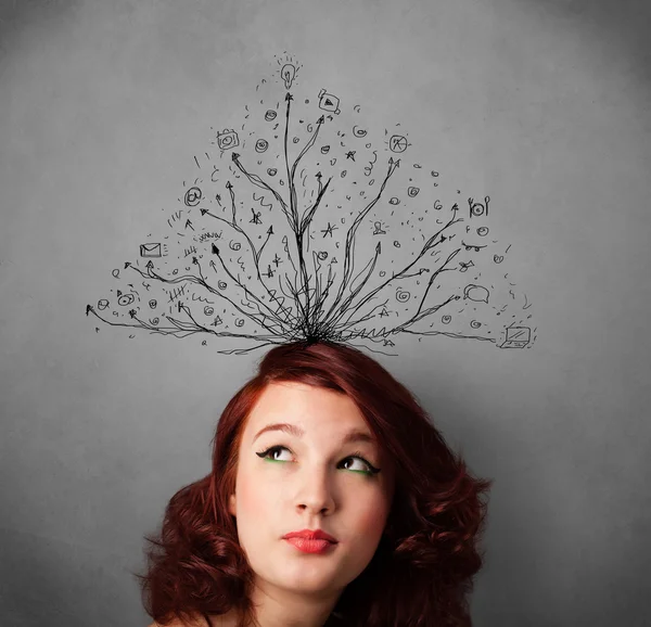 Young woman with tangled lines coming out of her head — Stock Photo, Image