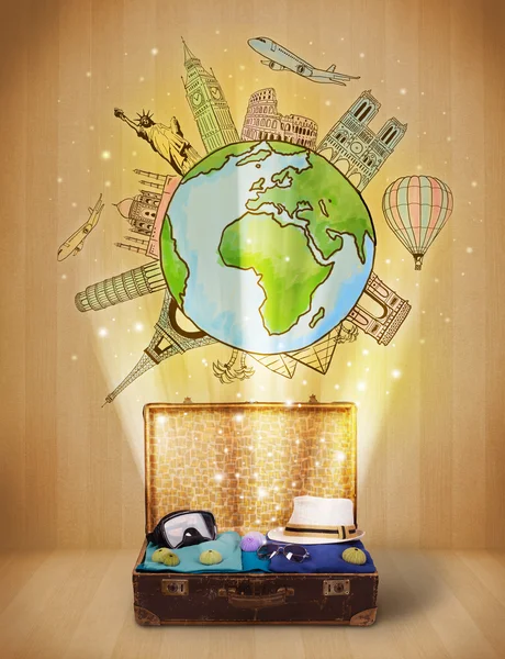 Luggage with travel around the world illustration concept — Stock Photo, Image