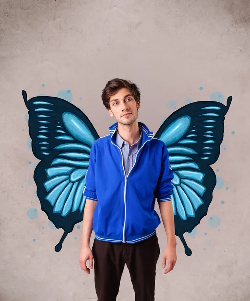 Pohledný mladý muž s motýl modrý obrázek na zadní straně — Stock fotografie