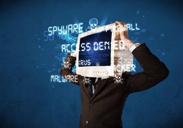 Monitor head person with hacker type of signs on the screen — Stock Photo, Image