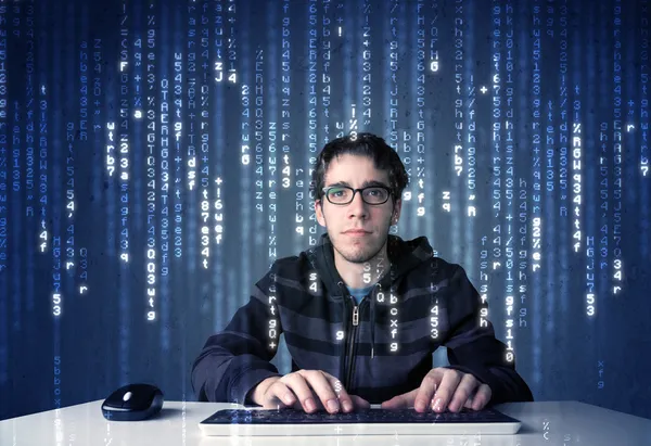 Hacker decoding information from futuristic network technology — Stock Photo, Image