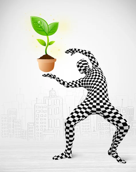 Man in full body suit with eco plant — Stock Photo, Image