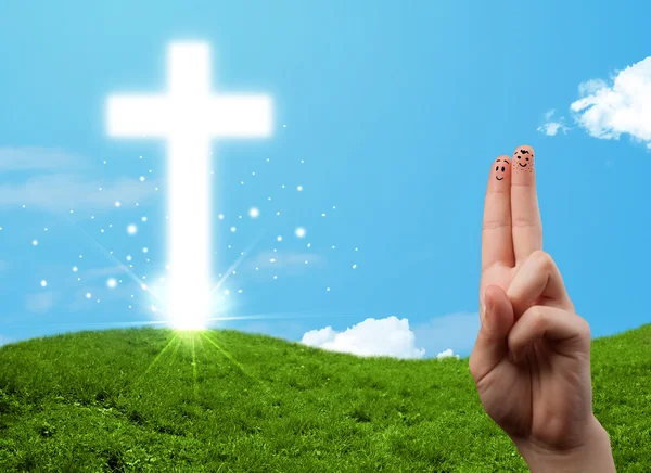 Feliz dedo emoticonos con la cruz religión cristiana —  Fotos de Stock