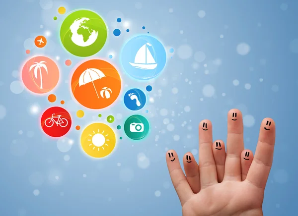 Cheerful finger smileys with colorful holiday travel bubble icon — Stock Photo, Image