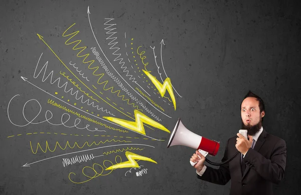 Leader guy shouting into megaphone with hand drawn lines and arr — Stock Photo, Image