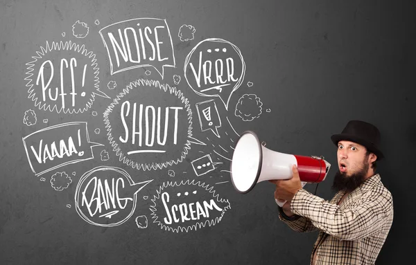 Guy in suit yelling into megaphone and hand drawn speech bubbles — Stock Photo, Image