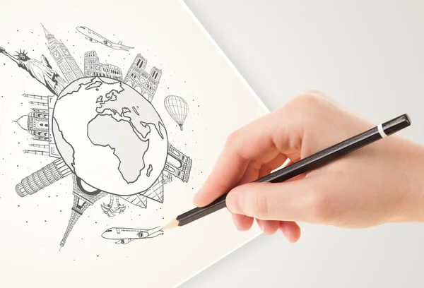 Hand drawing vacation trip around the earth with landmarks and c — Stock Photo, Image