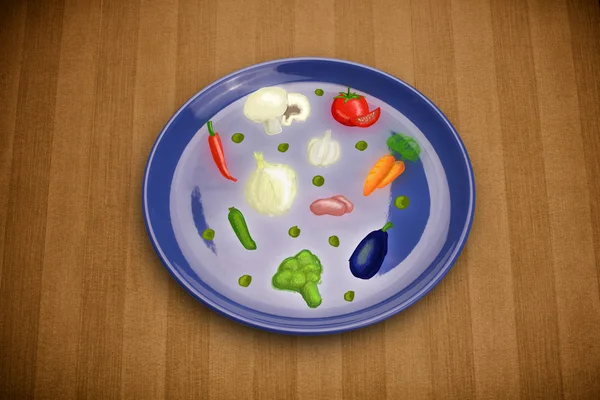 Colorful plate with hand drawn icons, symbols, vegetables and fr — Stock Photo, Image