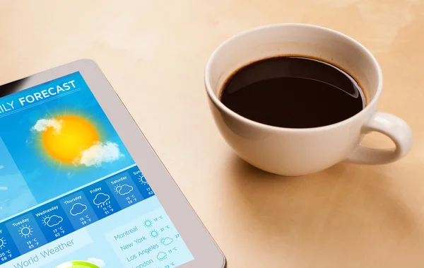 Tablet PC que muestra el pronóstico del tiempo en pantalla con una taza de café — Foto de Stock