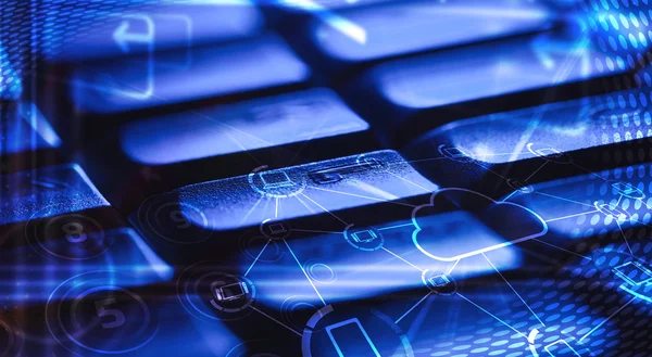 Keyboard with glowing cloud technology icons — Stock Photo, Image