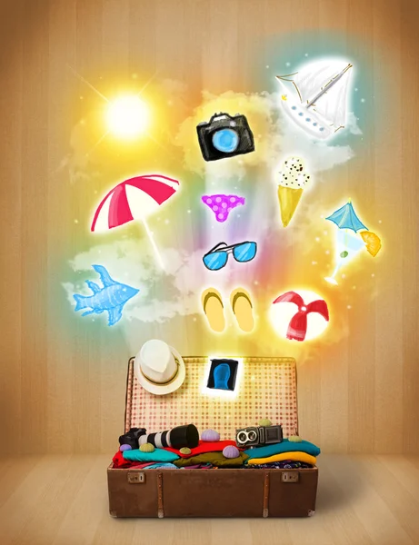 Turistické pytel s letní barevné ikony a symboly — Stock fotografie