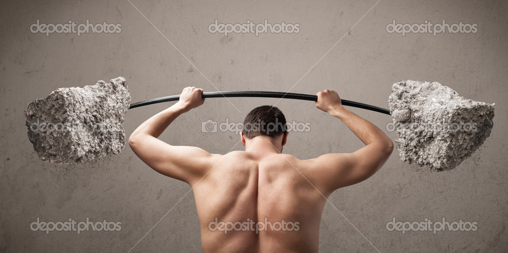 Skinny guy lifting large rock stone weights — Stock Photo © ra2studio 37478381