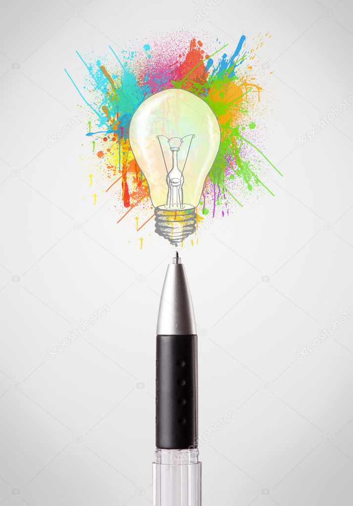 Pen close-up with colored paint splashes and lightbulb