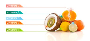 Renkli vitamin sembolleri ve simgeleri olan sağlıklı meyveler