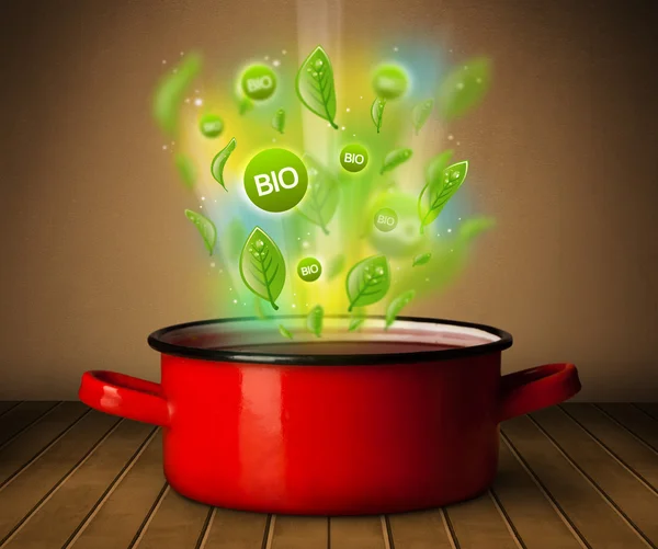 Bio signs coming out from cooking pot — Stock Photo, Image