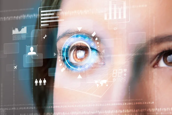 Zukünftige Frau mit Cyber-Technologie Eye Panel-Konzept — Stockfoto