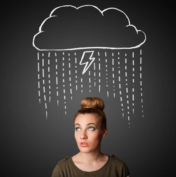 Young woman with thundercloud above her head — Stock Photo, Image