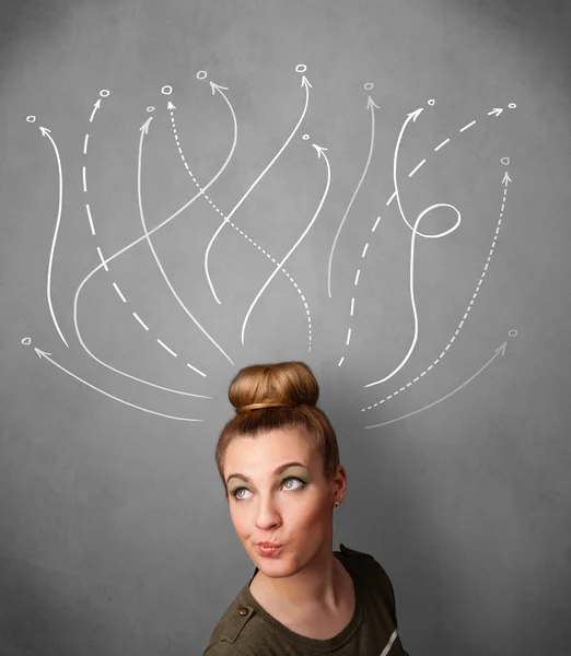 Young woman with arrows coming out of her head — Stock Photo, Image