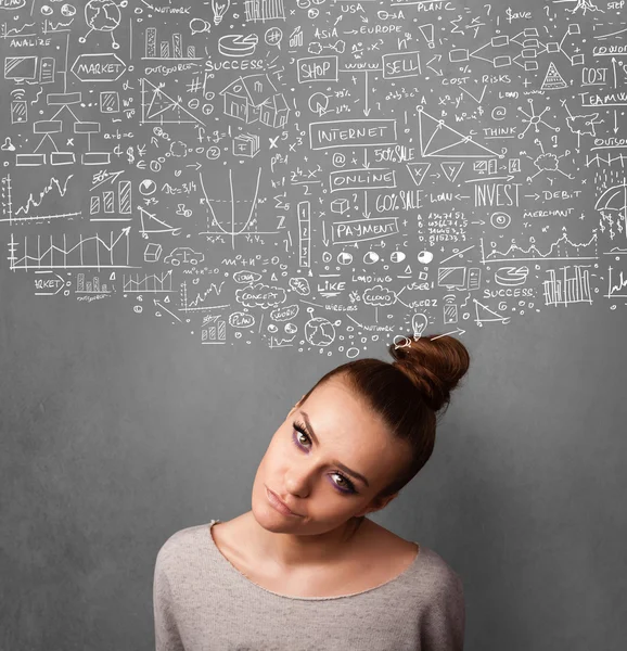 Young woman gesturing with sketched charts above her head — Stock Photo, Image