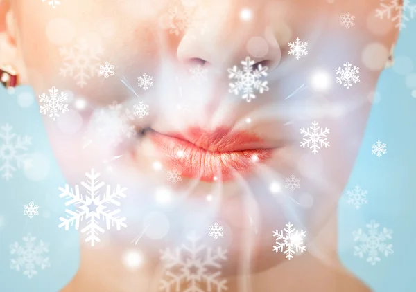 Pretty woman mouth blowing cold breeze — Stock Photo, Image