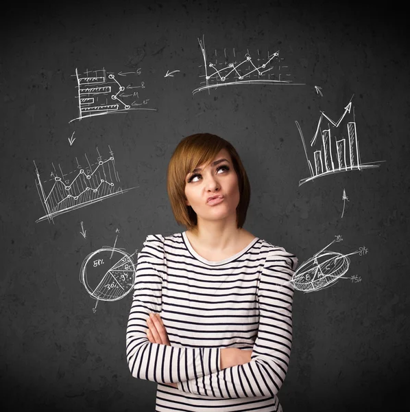 Young woman thinking with charts circulation around her head — Stock Photo, Image