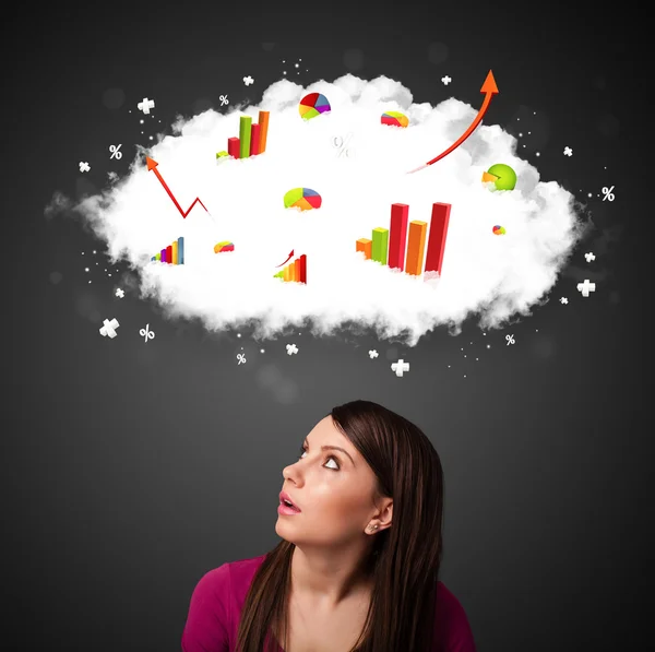 Young woman gesturing with cloud and charts concept — Stock Photo, Image
