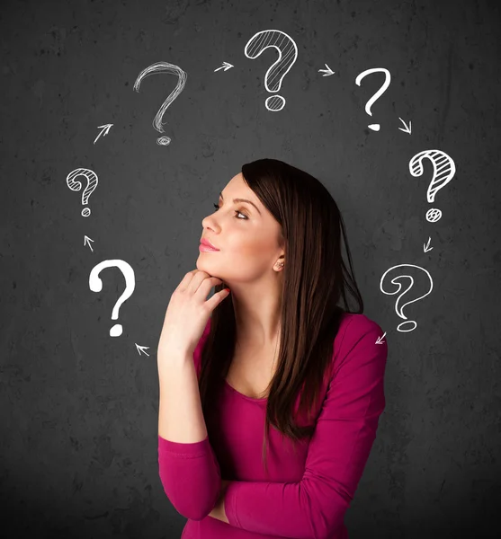 Young woman thinking with question mark circulation around her h — Stock Photo, Image