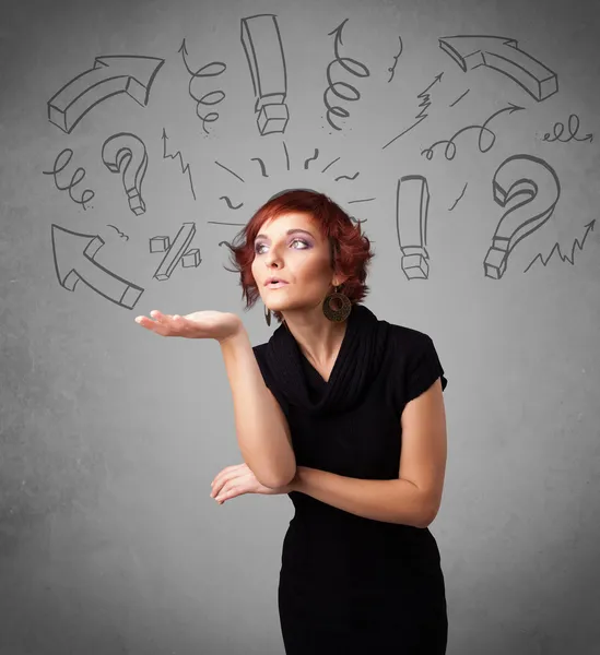 Cute young girl with question sign doodles — Stock Photo, Image