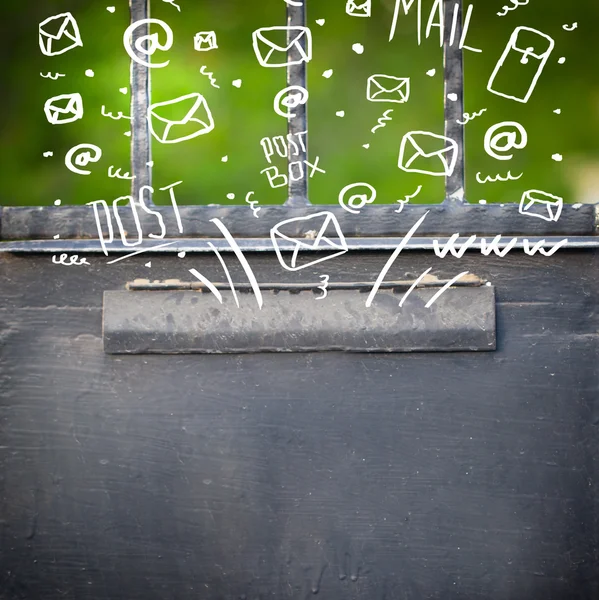 Postbox with white hand drawn mail icons — Stock Photo, Image