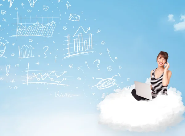 Young woman sitting in cloud with laptop — Stock Photo, Image