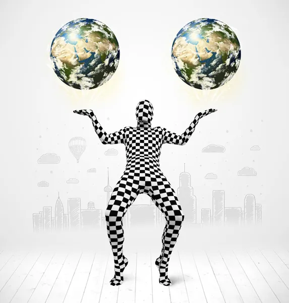 Man in full body suit holding planet earth — Stock Photo, Image